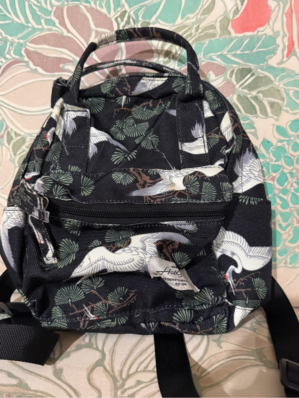 Black Crane-Print Mini Backpack